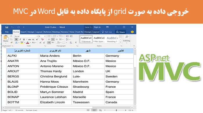 خروجی داده به صورت grid از پایگاه داده به فایل Word در MVC